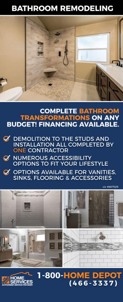 Bathroom Remodeling. A sample of a sign featured in Home Depot stores, explaining bathroom services as a service provider.