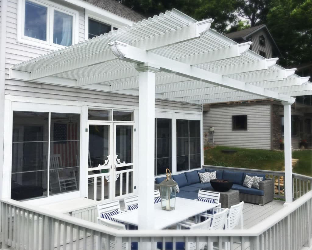 All white Patio Cover with lattice covering.