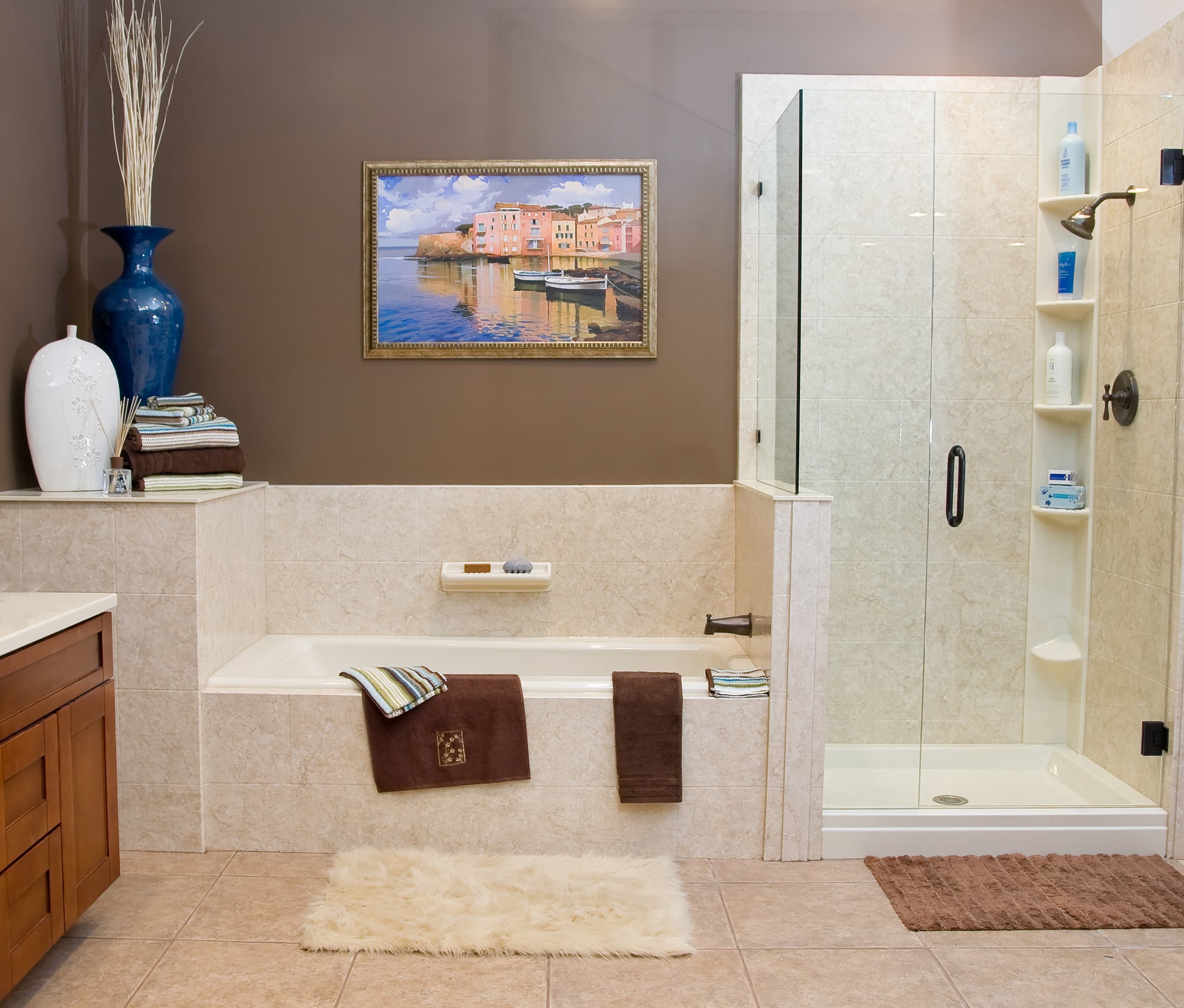 American Home Remodeling Bathroom remodel with acrylic Sentrel bath system in stone color Bottocino Cream.