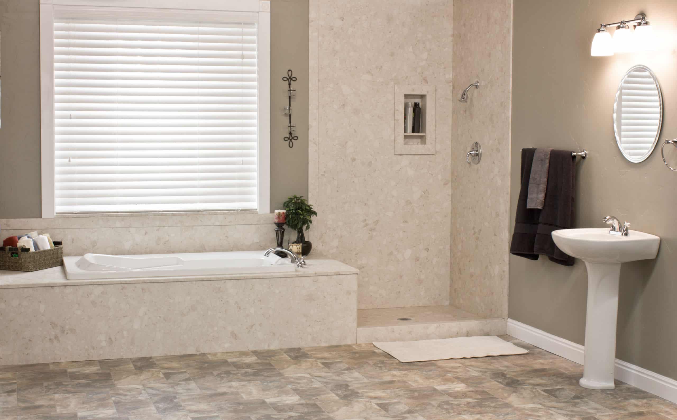 Calabria Full Shower Remodel. Faux stone bathroom design, creates a spa like atmosphere for bathrooms. A stone wall look without the price tag of reals stone.