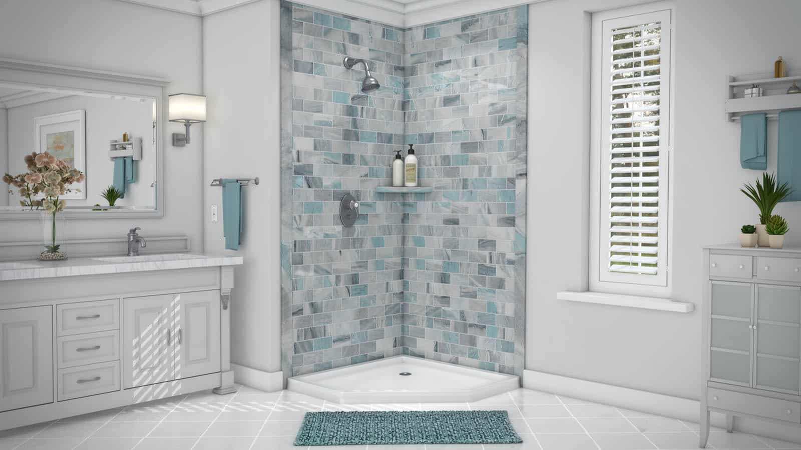 Prevent shower mold and mildew with easy to clean surfaces. Pictured: Sentrel Bath Systems Simtile wall panels in color "Triton." Easy to clean and prevent mold or mildew.