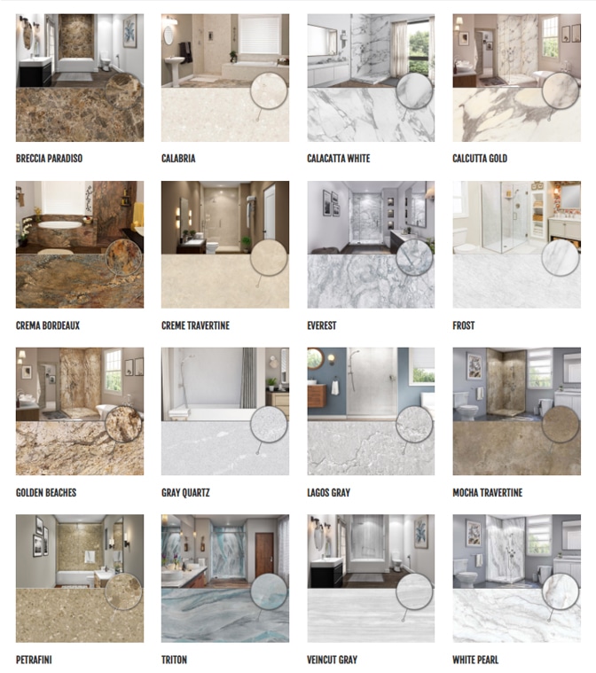 Prevent Shower Mold and Mildew with easy to clean shower surfaces. Examples of Sentrel bath systems stone sampled patterns and designs. Displaying a Variety of materials