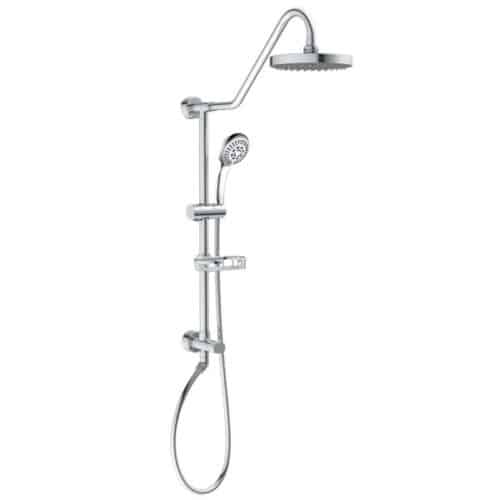 The Kauai Shower System includes an 8 inch rain showerhead, five-function handshower, slide bar, soap dish, convenient lower diverter, made of brass construction and ABS fixtures. 