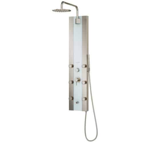 The Tropicana ShowerSpa is beautiful and elegant. The brushed-nickel fixtures cpmplement the soft sea-foam tempered glass panel and brushed stainless steel body. 