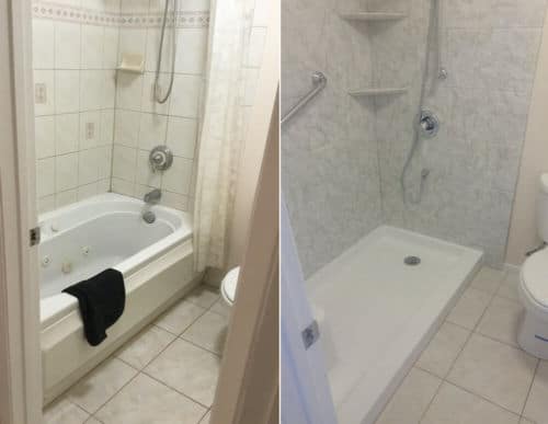 A wet area only remodel - Before and after photo of a bathtub transformed into a walk-in shower. 