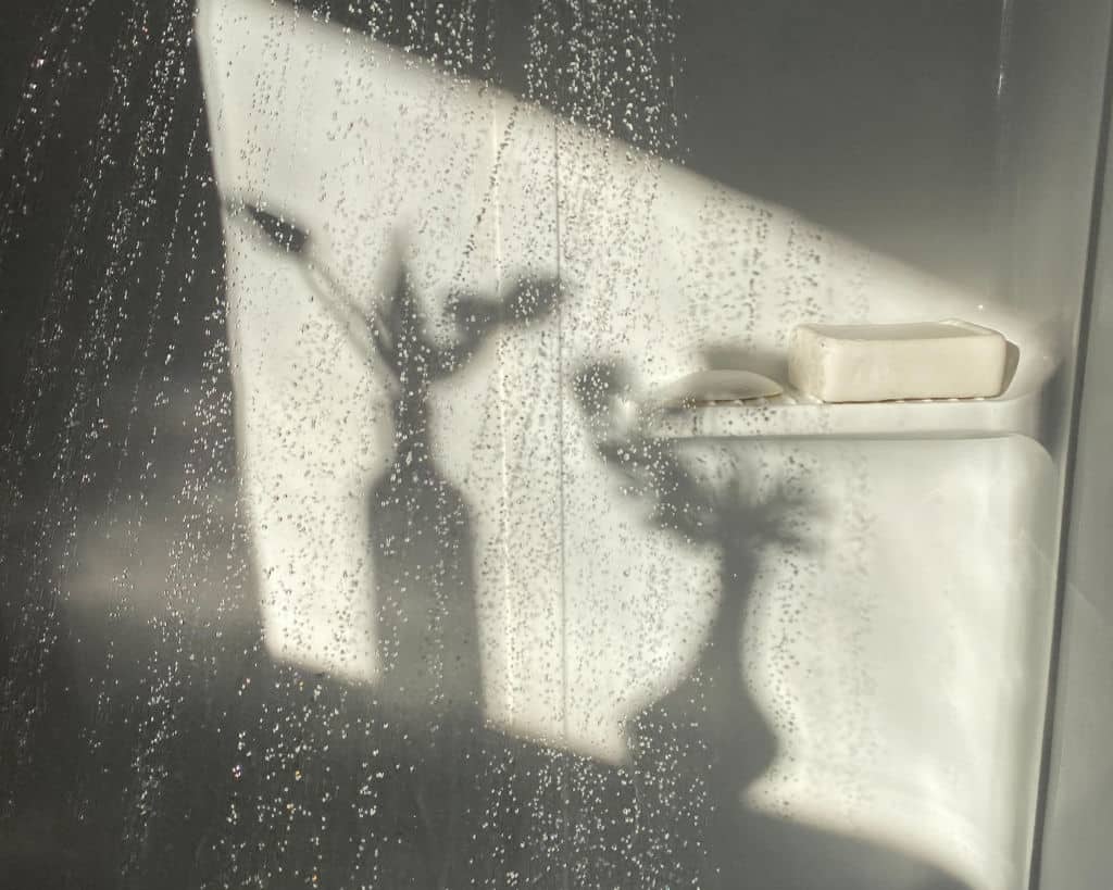 Tips to Reduce Humidity in Your Bathroom: Photos shows water droplets on a glass shower door. It also shows the inside a shower, where shadows of plants are casted on the wall. 