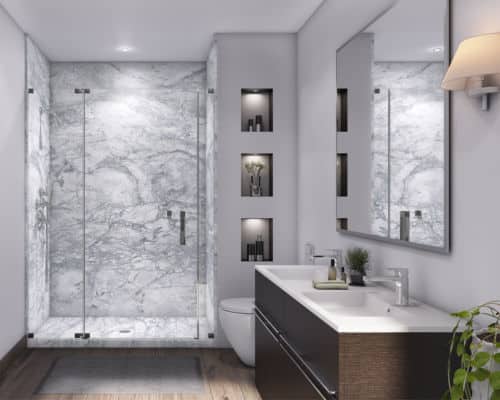 Marble Bathroom: A walk-in shower with everest patterned walls. 